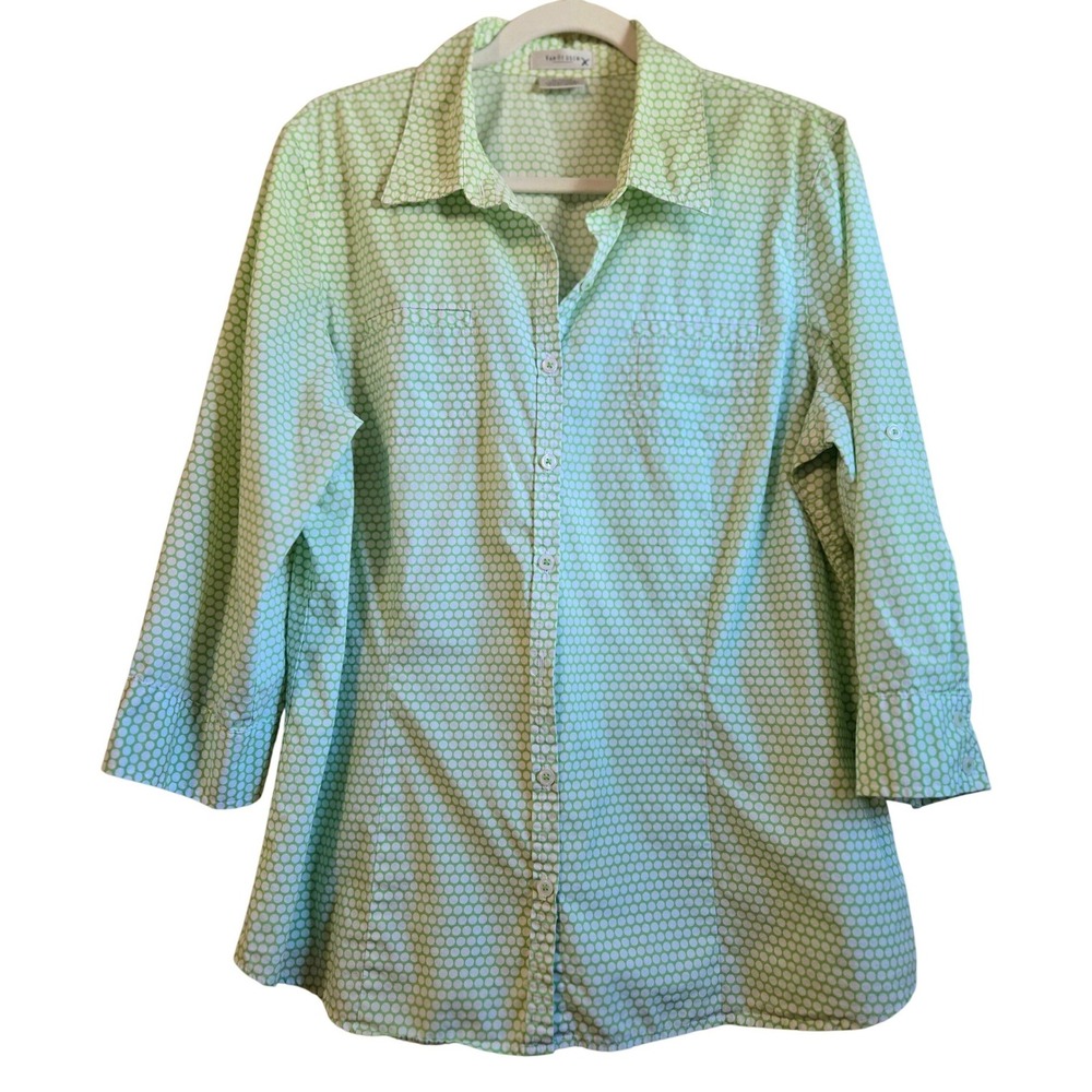 Van Heusen Classic Womens XL Green Polka Dot Button Down 3/4 Sleeve Cotton Shirt